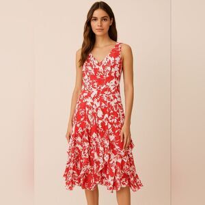 Metrostyle Red White Floral Midi Dress 8P Fit Flare Ruffle Hem Sleeveless Summer